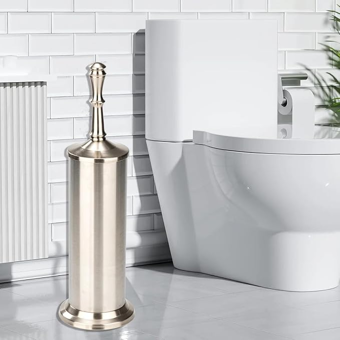 J&V TEXTILES Industrial Toilet Brush, Toilet Bowl Brush with Extra Long Handle Durable Bristles Toilet Scrubber and Covered Holder for Toilet Brush Set (Brished Satin Nickel)