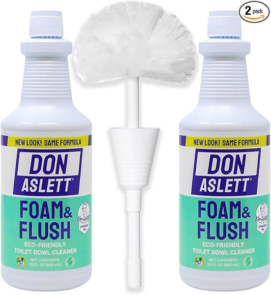 Don Aslett Johnny Mop & Foam n Flush Toilet Bowl Cleaner (32 Oz Bottle, 2-Pack) Set | Environmentally Friendly & Biodegradable Organic Acid Formula Deodorizer | Scratch Free Bowl Swab
