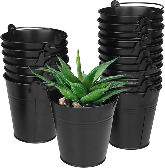 20 Pack Black Mini Metal Buckets, 4 Inch Round, Black Galvanized Buckets with Metal Handles, Perfect for Party Favors, Crafts, Garden & Beach
