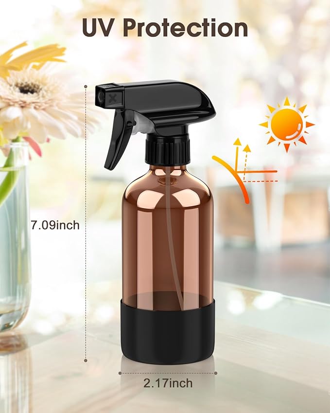 Glass Spray Bottle with Silicone Sleeve Protection, Amber Glass Spray Bottle Set for Window Cleaner Aromatherapy Facial Hydration Watering Flowers Hair Care 2 Pack/8 oz (Black)