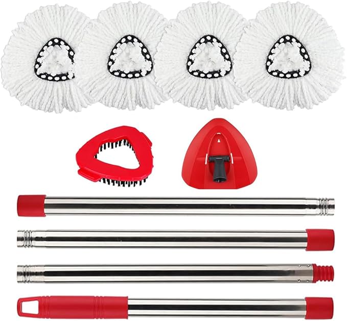 Spin Mop Head Refill for Vileda/Ocedar EasyWring Spin Mop - Rotating Microfiber Triangle Replacement Pads Washable & Reusable fit All Floor - 4 Cloth 1 Mop Base 1 Handle and 1 Brush