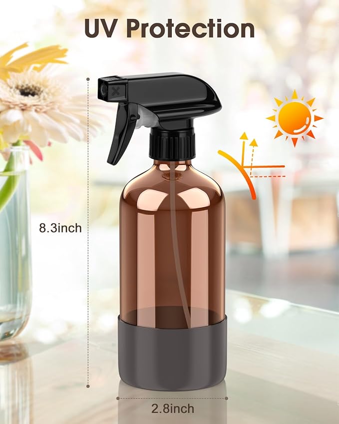 Glass Spray Bottle with Silicone Sleeve Protection, Amber Glass Spray Bottle Set for Window Cleaner Aromatherapy Facial Hydration Watering Flowers Hair Care 2 Pack/16 oz (Brown & Grey, 16 oz)
