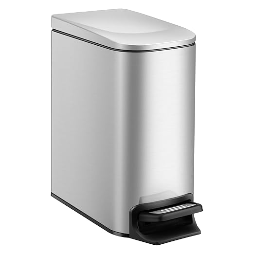 TIPGO Slim Bathroom Trash Can with Lid Soft Close, Step Pedal, 6 Liter / 1.6 Gallon Stainless Steel Trash Bin, Small Garbage Cans for Bedroom, Office, Kitchen (Silver)