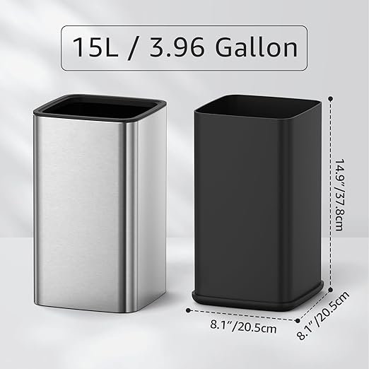 Mbillion 4 Gal/15L Open top Trash Can with Removable Inner Bucket Small Waste Basket, Metal Trash Can for Bathroom Office,Stainless Steel