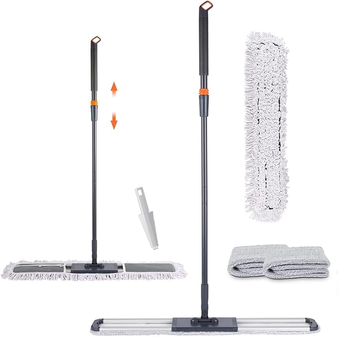 Dust Mop for Hardwood Floors 36" Commercial Industrial Cotton Floor Dust Mop with Extra 3 Mop Refill Pads 61 Inch Long Handle for Cleaning Office Garage Hardwood Warehouse Factory Mall Deck