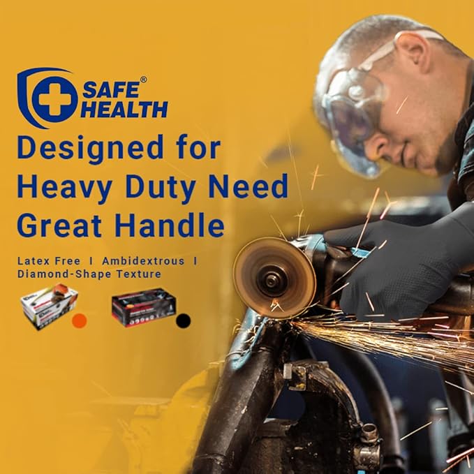 Safe Health Nitrile Industrial Disposable Gloves, Black 6 Mil, Orange 8 Mil, Diamond Textured
