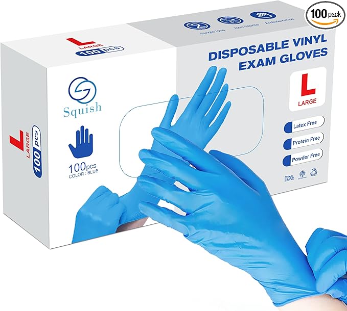 squish Disposable Gloves, Blue 4 mil Vinyl Synmax Blend Exam Gloves Non Sterile, Powder Free, Latex Free - Cleaning Supplies, Kitchen and Food Safe(Pack of 100) (Blue Large)