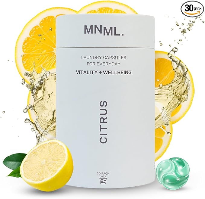 MNML Citrus Laundry Pods designed for Vitality & Wellbeing, Eco-Friendly Natural Laundry Detergent Pods for Sensitive Skin. No Waste, No Plastic, Natural Bio-Enzymes, Luxury Fragrance, 30ct Capsules