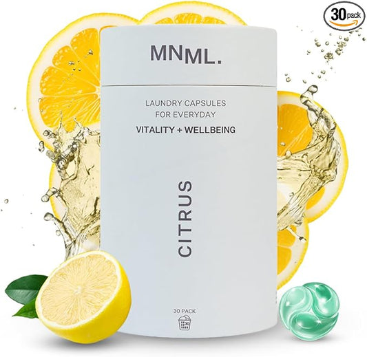 MNML Citrus Laundry Pods designed for Vitality & Wellbeing, Eco-Friendly Natural Laundry Detergent Pods for Sensitive Skin. No Waste, No Plastic, Natural Bio-Enzymes, Luxury Fragrance, 30ct Capsules