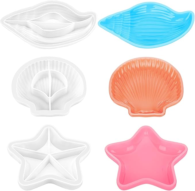 Gartful 3 Pieces Tray Resin Molds, Silicone Jewelry Dish Molds, DIY Storage Container Epoxy Casting Molds for Jewelry Ring Holders, Soap Dish, Candle Holder, 3 Large Styles(Conch & Star & Shell)