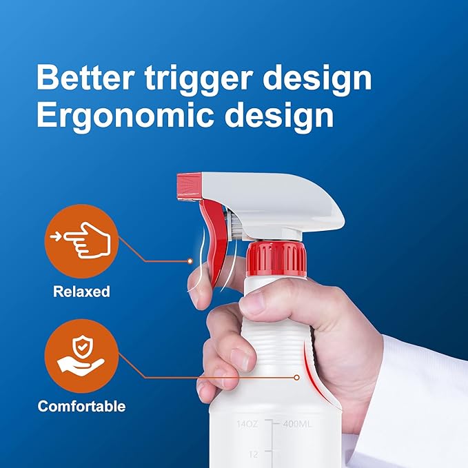 Veco Spray Bottle (2 Pack&2 extra Nozzle,16 Oz) with Measurements and Adjustable Nozzle, HDPE Plastic Spray Bottles for Cleaning Solution, Household/Commercial/Industrial Use, No Leak and Clog