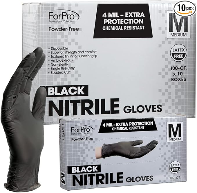 ForPro Professional Collection Disposable Nitrile Gloves, Chemical Resistant, Powder-Free, Latex-Free, Non-Sterile, Food Safe, 4 Mil, Black, Medium, 1000-Count