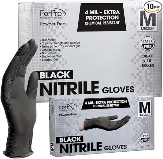 ForPro Professional Collection Disposable Nitrile Gloves, Chemical Resistant, Powder-Free, Latex-Free, Non-Sterile, Food Safe, 4 Mil, Black, Medium, 1000-Count