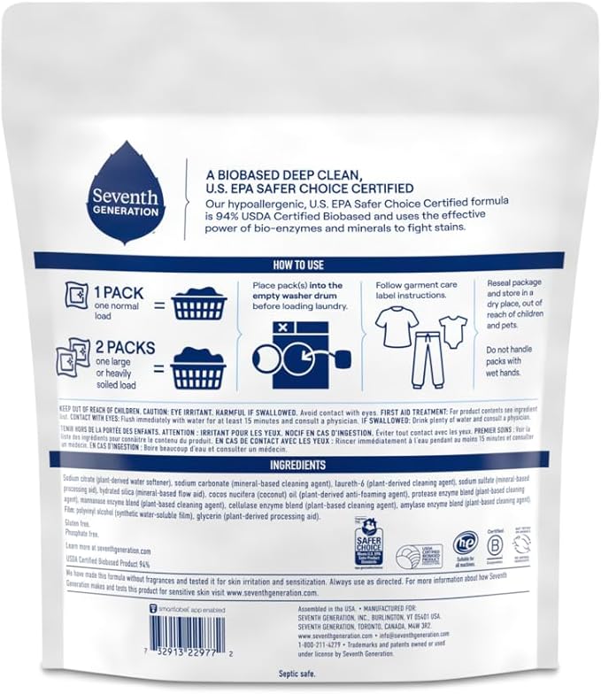 Seventh Generation Laundry Detergent Packs, Free & Clear, Made for Sensitive Skin, 45 Count