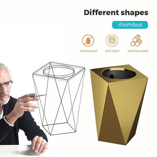 2.64 Gallon Metal Trash Can, Creative Diamond-Shaped Garbage Can, Simple High-Grade Waste Basket, for Home Bathroom Office. (10L Gold Diamond)