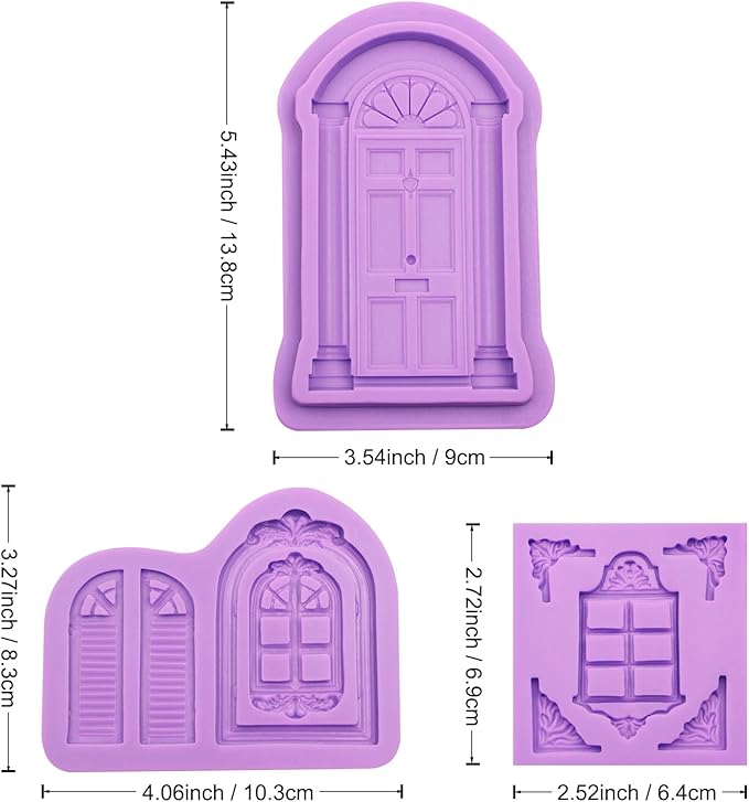Window Silicone Fondant Molds, Door Chocolate Molds for Cake Decoration Cupcake Topper Candy Gum Paste Sugar Craft Polymer Clay Set of 3