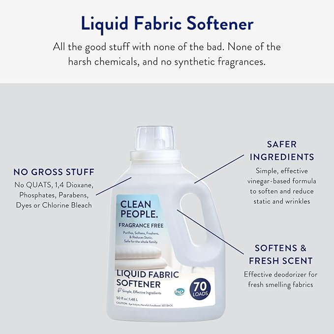 The Clean People Liquid Fabric Softener - Softens & Removes Static Cling - Vegan (50 Fl Oz, Fragrance Free)
