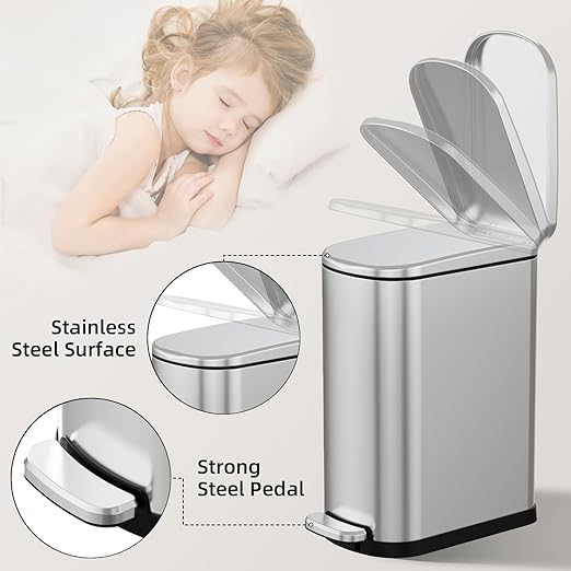 KUK Slim Bathroom Trash Can with Lid, 2.6 Gallon (10 L) Stainless Steel Step Small Garbage Can with Removable Inner Bucket, Soft Close, Anti-Fingerprint Finish (Silver)