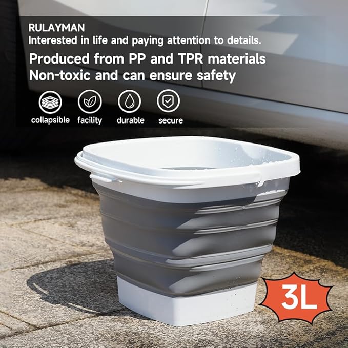 Collapsible Plastic Bucket with Handle 0.79 Gallon (3L) Each Foldable Rectangular Tub for Cleaning Camping Essentials Space Saving Outdoor Portable Bucket for Camping
