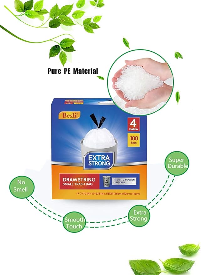 Besli 4 Gallon Drawstring Trash Bag Small Garbage Bag,100 Counts (White, 4 Gallon)