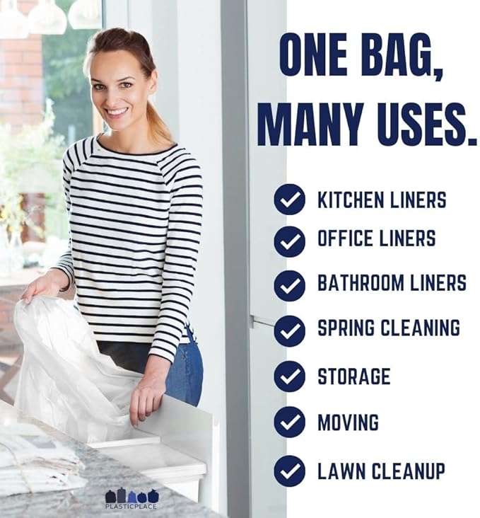 Plasticplace 32-33 Gallon Trash Bags │ 0.7 Mil │ White Garbage Can Liners │ 33” x 39” (150 Count)