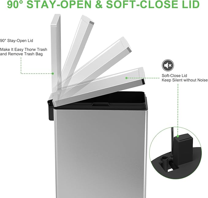 Trash Can with Lid - 45 Liter/12 Gallon Slim Stainless Steel Trash Can Odor Protection Kitchen Garbage Cans with Soft-Close Foot Pedal Anti-Fingerprint for Bathroom Home Office Rectangle