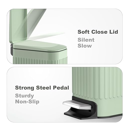 TrashAid Slim Bathroom Trash Can with Lid Soft Close, 6 Liter/1.6 Gallon Stainless Steel Small Garbage Can with Removable Inner Bucket, Step Pedal, Slim Wastebasket for Toilet, Office, Bedroom, Green