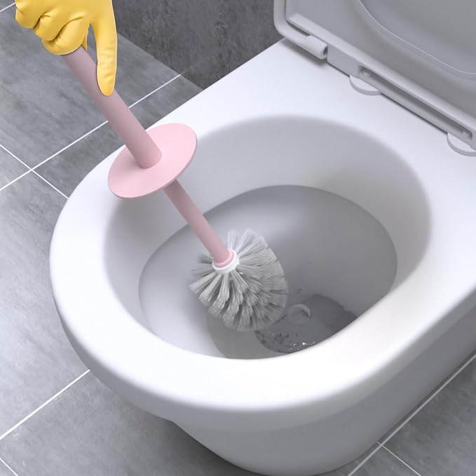Topsky 2 Pack Compact Toilet Brush & Holder Set, Plastic Round Barrel Loo Brush with 2 Replacement Toilet Brush Head, Durable for Bathroom Toilet, Pink