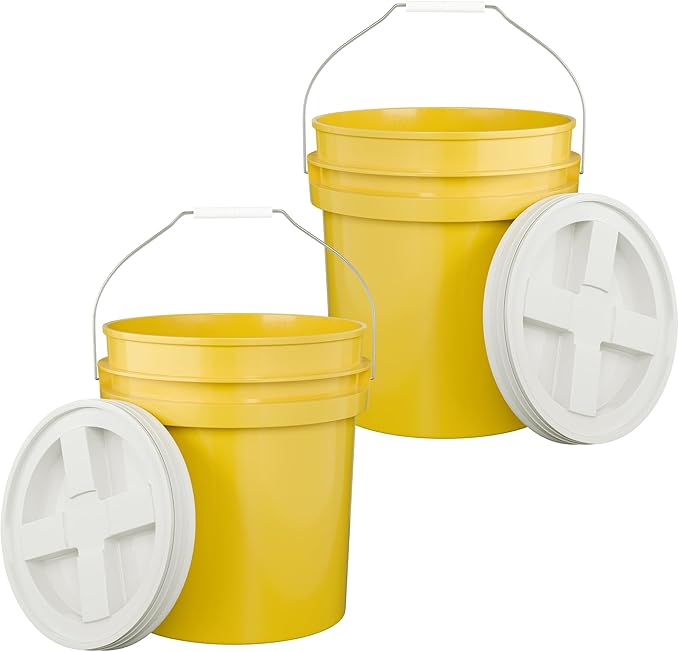 5-Gallon Yellow Bucket Pail with Gamma Seal Screw on Airtight Lid, Metal Handle with Plastic Grip for Easy Carrying, Easy Stack and Store, Heavy-Duty 90MIL Extra Durable, Food Grade, BPA Free - 2 Pack
