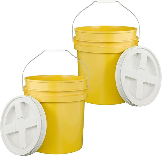 5-Gallon Yellow Bucket Pail with Gamma Seal Screw on Airtight Lid, Metal Handle with Plastic Grip for Easy Carrying, Easy Stack and Store, Heavy-Duty 90MIL Extra Durable, Food Grade, BPA Free - 2 Pack