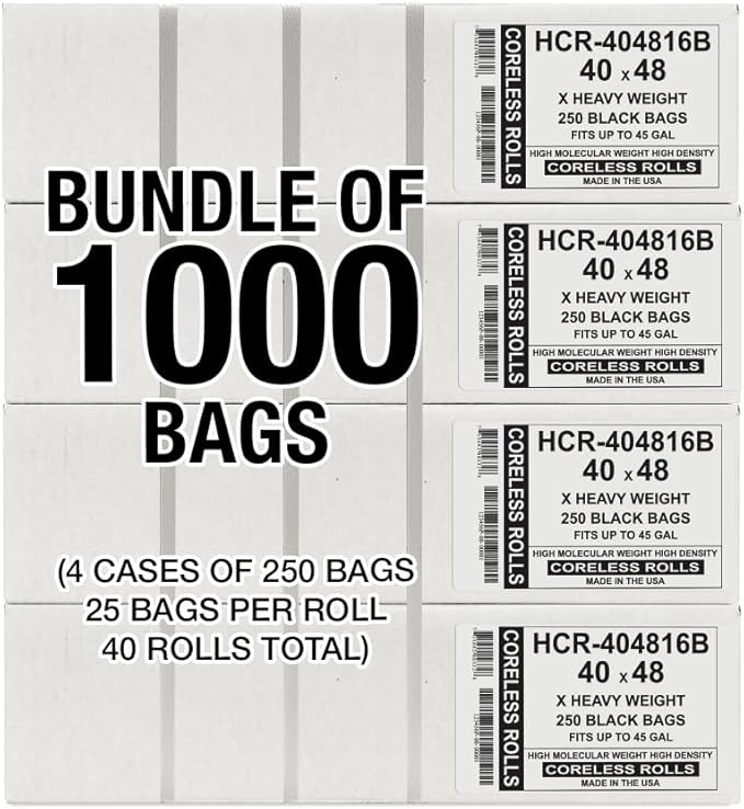 Aluf Plastics High Density Trash Bags, 45 Gallon, 1000 Count, 16 Micron (eq), 40" x 48", Black, for Bathroom, Office, Industrial, Commercial, Janitorial, Municipal, Recycling