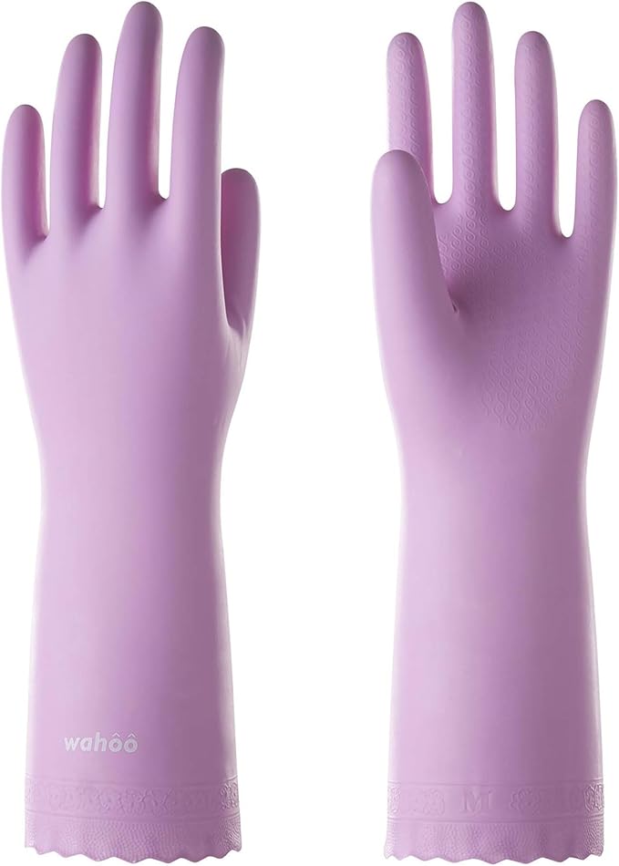 wahoo Skin-Friendly Cleaning Gloves, Reusable Dishwashing Gloves with Flocked Cotton Liner, Dishwashing, Kitchen, Mauve Mist, Large