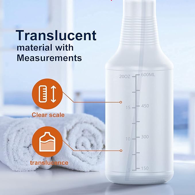 Veco Spray Bottle (5 Pack,24 Oz) with Measurements and Adjustable Nozzle(Mist & Stream Mode), HDPE Plastic Spray Bottles for Cleaning Solution, Household/Commercial/Industrial Use, No Leak and Clog