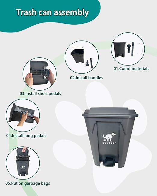 Dog Poop Trash Can Outside with Metal Rake & Tray – 20L Outdoor Pet Waste Bin with Foot Pedal Lid & 100 Bags – Waterproof Odor Control Heavy Duty Pooper Scooper for Yard & Large Dogs