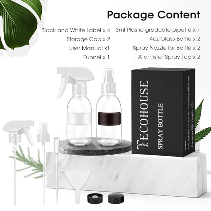 Tecohouse Glass Spray Bottles 4 OZ, Empty Small Spray Bottles 2 Pack for Essential Oils, Cleaning Solutions, Plants, Hair Mister, withDurable Nozzle, Labels, Funnel, Pipettes Clear