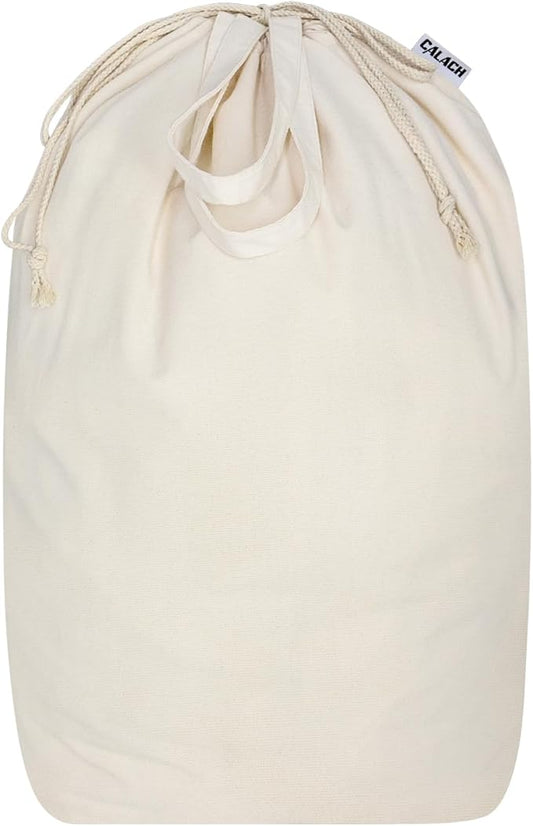 Canvas Laundry Bags with Handles & Square Base 13.8"x 13.8", Large Heavy Duty Laundry Basket Hamper Liner, College Dorm Washable Drawstring Cotton Dirty Clothes Bag (Beige,1 Pack)