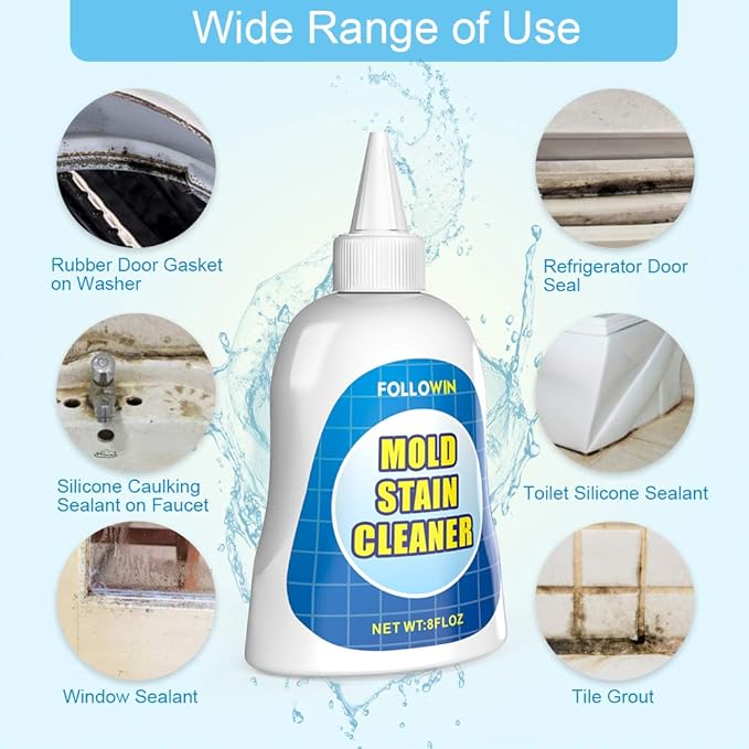 FOLLOWIN Household Mold and Mildew Stain Cleaner Gel Home Cleaner for Front Loader Washing Machine Seal,Tiles Grout,Window Sealant, Bathroom Grout, Sink,Shower Cleansing 8oz