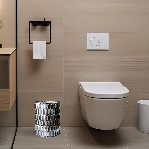 Escenzy Modern Bathroom Trash Can Mosaic Glass 6L | Decorative Small Garbage Can | 8" x 10" | Luxury Waste Basket for Restroom, Office, Bedroom & Kitchen | Shiny Black and Gold Bathroom Accessories