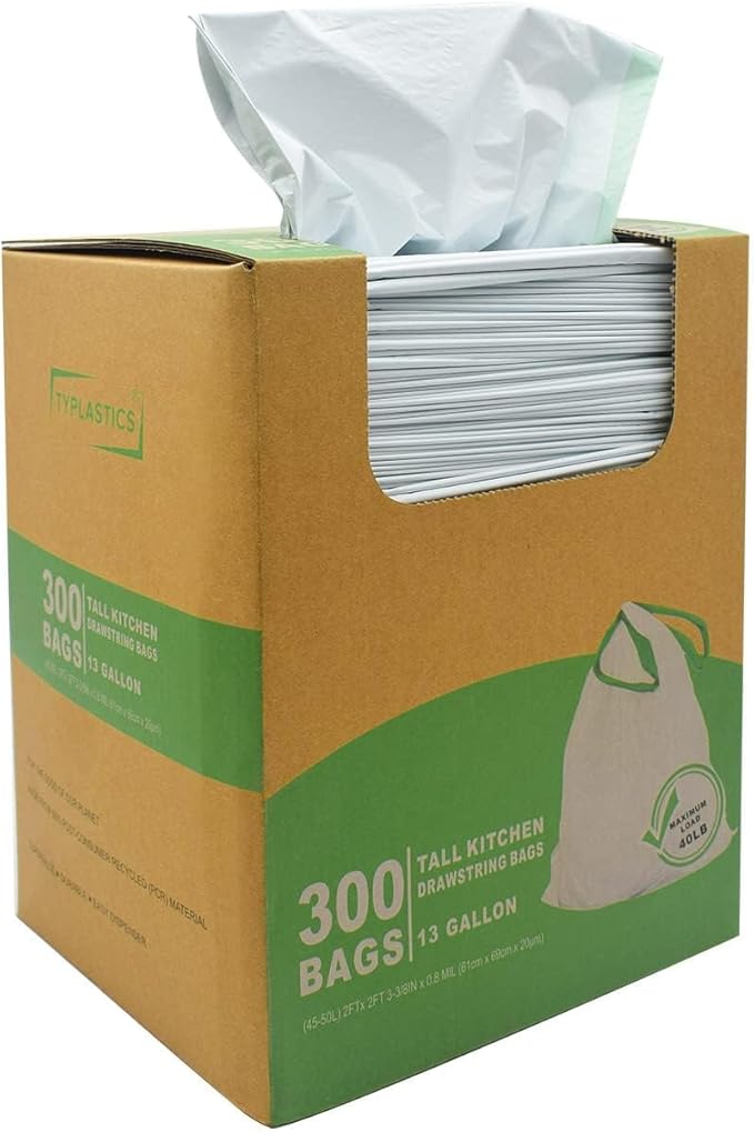 TYPLASTICS 300 Count 13 Gallon Tall Kitchen Drawstring Trash Bags, GRS Compliant, Eco-Friendly Recycled Material