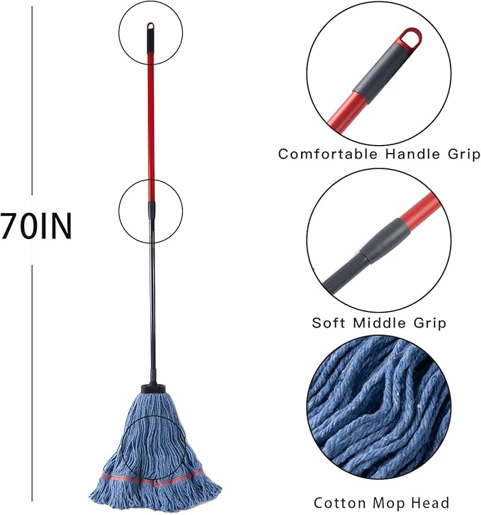 Matthew Large Commercial&Residential Mop Heavy Duty Industrial Mops w/Screw-on Handle(Fit Standard American Screw) Looped-End String Wet Cotton Mops for Home,Office,School - 4 Set&4 Mop Replacements