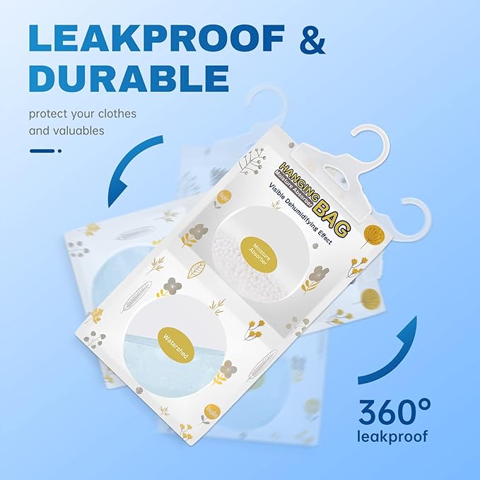 Vacplus Moisture Absorbers Packets, Fragrance Free 5 Pack, Humidity Packs, Dessicant Packets, Hanging Closet Dehumidifier Bags, Odor Eliminator for Bathroom 9.8OZ