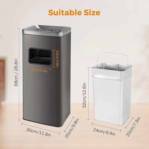 BEAMNOVA Trash Can Indoor Outdoor Stainless Steel Commercial Garbage Can Brushed Industrial Garbage Enclosure Inside Cabinet with Lid Waste Container, Metallic Black, 11.8 * 9.8 * 26.8 in