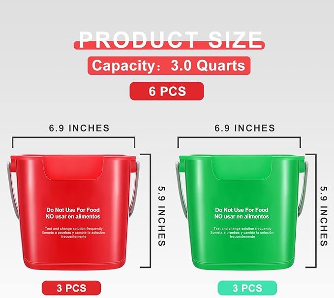 Roshtia 6 Pcs 3 Quart Cleaning Bucket Small Sanitizing Square Bucket Detergent Pail for Home Commercial Restaurant Kitchen Office School (Green, Red)