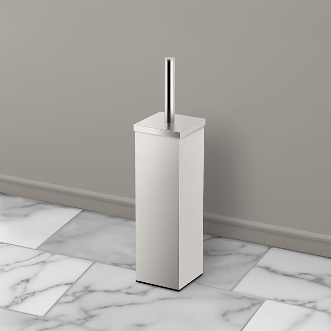Gatco Modern Square Waste Basket and Toilet Brush Set, Satin Nickel - Stainless Steel Trash Can with Removable Lid, Leakproof, 3 Gallon Capacity for Bathroom, Bedroom, Kitchen, or Office