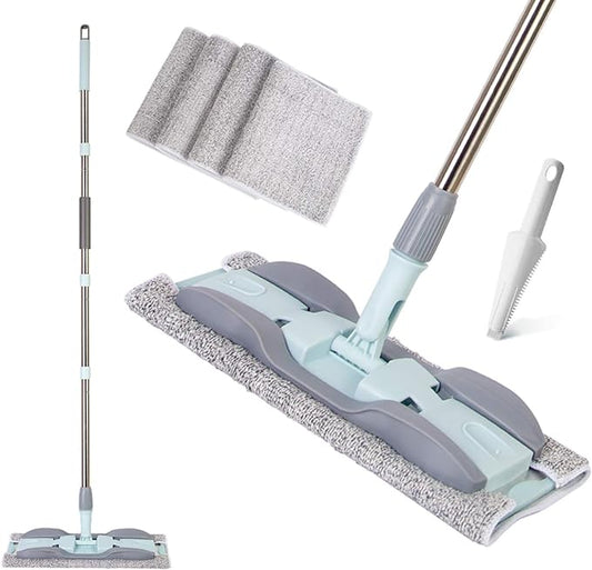 Microfiber Wood Floor Mop - 15 Inch with 4 Washable Pads, Adjustable Handle for Dry & Wet Cleaning