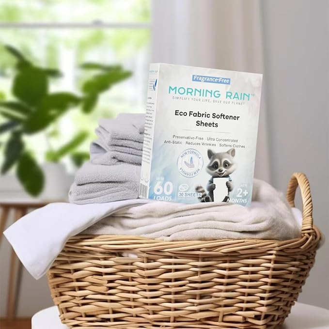 MorningRain Eco Fabric Softener Sheets for Washing Machine - Fragrance-Free, Preservative-Free, Ultra-Concentrated - 30 Sheets for Up to 60 Loads, Anti-Static, Reduces Wrinkles, Softens Clothes
