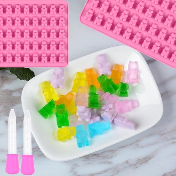 2 Piece Gummy Bear Silicone Molds, Non-Stick Chocolate Candy Mold with 2 Droppers Food Grade (Pink)