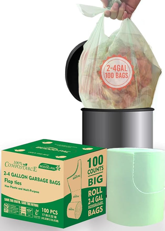 3 Gallon Flap Tie Compostable Trash Bags, 100 Count Small Compost Bags, Biodegradable Kitchen Garbage Bags, Food Scrap Waste Bags for Countertop Bin, ASTM D6400, US BPI Certified