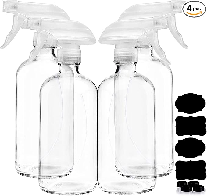 Clear Glass Spray Bottles For Cleaning Solutions (4 Pack) - 16 Ounce, Refillable & Reusable Sprayer for Essential Oil, Water, Kitchen, Hair. Durable Black Trigger Sprayer w/Mist and Stream Settings
