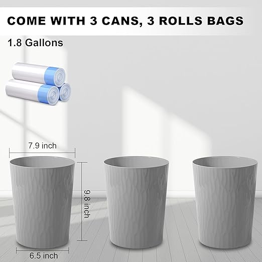 UUJOLY Small Trash Can Wastebasket Garbage Can Container Bins for Bathrooms,Bedroom Room, Kitchens, Offices, Kids Rooms, Dorms, 3 Pack, Grey